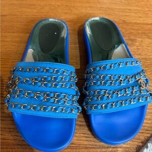 CHANEL Chain Slides 40 Blue Sandals Summer
